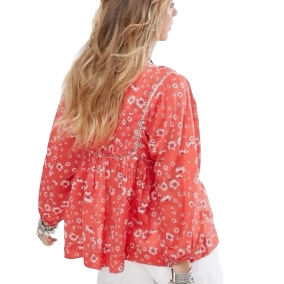 FREE PEOPLE Never A Dull Moment Floral Boho Peasant Oversized Cotton Blouse Sz S - Picture 2 of 12